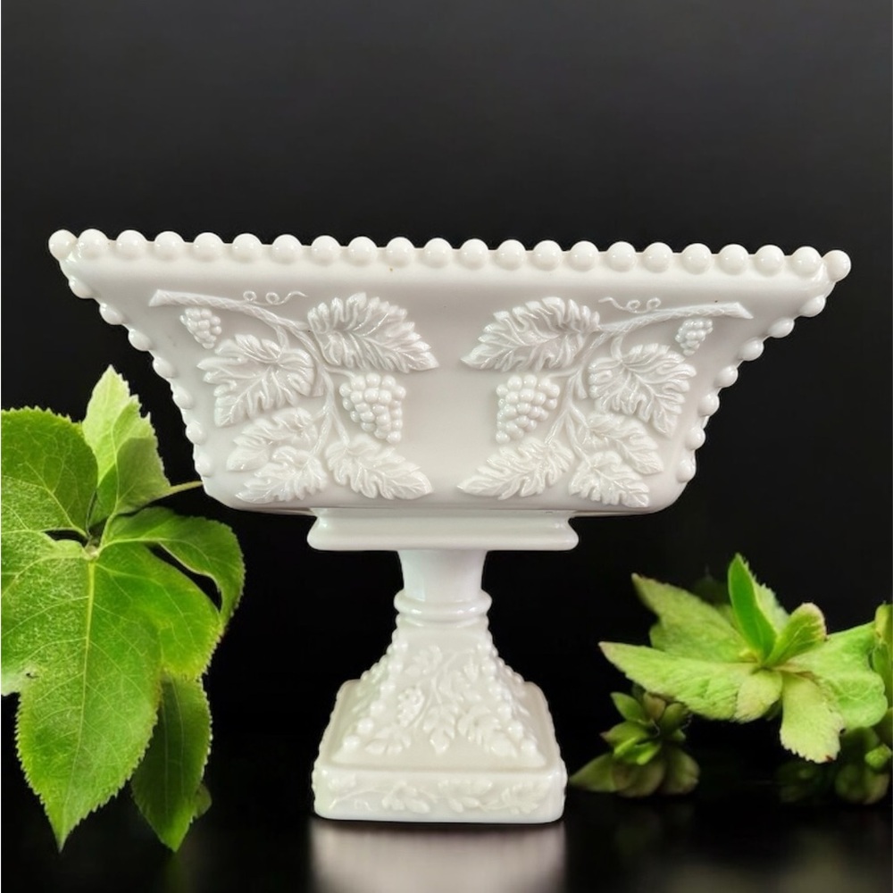 Vintage Westmoreland White Pedestal Bowl with Grape Design